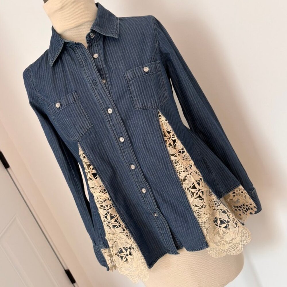 Handcrafted upcycled denim shirt featuring striped fabric and inset lace panels